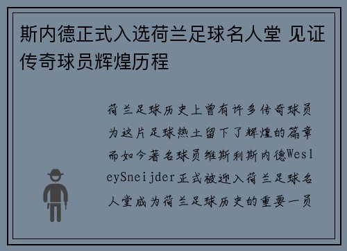斯内德正式入选荷兰足球名人堂 见证传奇球员辉煌历程